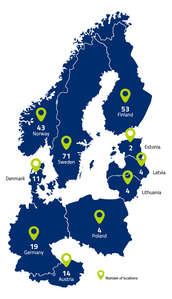 Infograf av Caverions kontor runt om i Europa