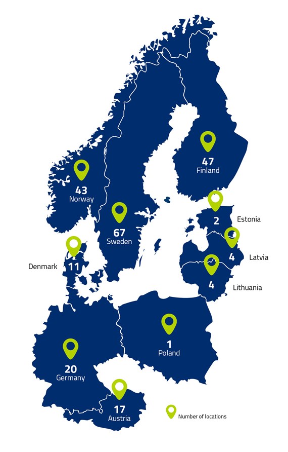 Infograf av Caverions kontor runt om i Europa